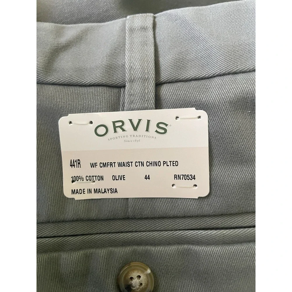 Orvis Pants Mens 44 Olive Wrinkle-Free Comfort Waist Pleated Chino Classic